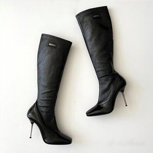 Le Silla Black Patent Leather Boots Titanium Stiletto Heel size 38.5 / 8.5 NEW